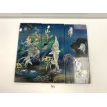 A SET OF THREE LAQUER PANELS WITH MOTHER 'O' PEARL FISH DECORATION 19 X 49CMS