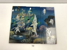 A SET OF THREE LAQUER PANELS WITH MOTHER 'O' PEARL FISH DECORATION 19 X 49CMS