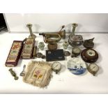 A QUANTITY OF CUTLERY, A PLATED TEA CADDY, INSTRUMENTS INCLUDING A BUGLE ETC
