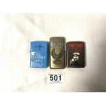 TWO ZIPPO TYPE LIGHTERS WITH MILITARY AND US AIRFORCE INSIGMA AND A MOTORCYCLE EMBLEM LIGHTER