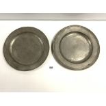 TWO PEWTER CIRCULAR CHARGERS, LITTLE HENRY 1734 AND RICHARD WEBB 1690 39CMS