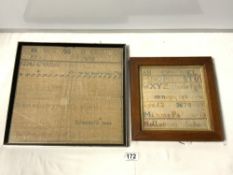TWO VICTORIAN NEEDLEWORK SAMPLERS, THE LARGEST 31 X 33CMS (1 A/F)