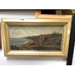 A 19TH CENTURY OIL ON CANVAS - COASTAL SCENE 'SANDSEND' INITIALED M. A. AND DATED 1870, 20 X 40CMS