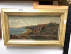 A 19TH CENTURY OIL ON CANVAS - COASTAL SCENE 'SANDSEND' INITIALED M. A. AND DATED 1870, 20 X 40CMS