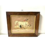 A VICTORIAN ROSEWOOD FRAMED NEEDLEWORK PICTURE OF FIGURES AND HORSES, 32 X 41CMS