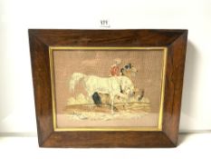 A VICTORIAN ROSEWOOD FRAMED NEEDLEWORK PICTURE OF FIGURES AND HORSES, 32 X 41CMS