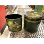A FLORAL PAINTED CYLINDRICAL CONTAINER WITH LID AND OVAL WASTE PAPER BIN