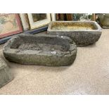 TWO ANTIQUE STONE TROUGH'S, 74 X 38CMS AND 66 X 35CMS