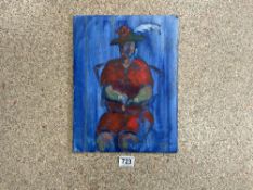 OIL ON BOARD OF A SEATED WOMAN IN A RED DRESS, 27 X 35CMS