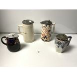 FOUR VICTORIAN CERAMIC WATER JUGS WITH PEWTER LIDS