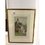 B. KAUFMANN - WATERCOLOUR OF A GIRL WITH A RAKE BY COTTAGE SIGNED, 31 X 19CMS