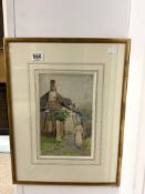 B. KAUFMANN - WATERCOLOUR OF A GIRL WITH A RAKE BY COTTAGE SIGNED, 31 X 19CMS