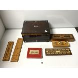 A VICTORIAN ROSEWOOD SEWING BOX (A/F), FOUR WOODEN CRIBB BOARDS AND TWO SETS OF WOODEN DRAUGHTS