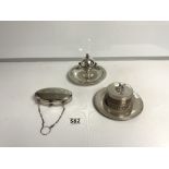 A SILVER-PLATED OVAL ENGRAVED EVENING PURSE CIRCA 1900, A SILVER-PLATED GLOBULAR INK STAND, AND A