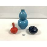 A 20TH CENTURY TURQUOISE GLAZED GOURD VASE, 24CMS, A SMALL 20TH CENTURY CHINESE ORANGE GLAZED BOTTLE