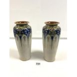 A PAIR OF ROYAL DOULTON LAMBETH, HIGH SHOULDERED GLAZED DECORATED VASES, 25CMS