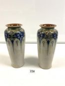 A PAIR OF ROYAL DOULTON LAMBETH, HIGH SHOULDERED GLAZED DECORATED VASES, 25CMS