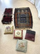 A BROWN AND ORANGE TURKISH PRAYER RUG, 90 X 130CMS, TWO CARPET BAGS, TWO TAPESTRY CUSHIONS, AND