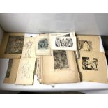 A QUANTITY OF UNFRAMED PICTURES - INCLUDES LIMITED EDITION WOODCUTS, PRINTS & SKETCHBOOK ETC