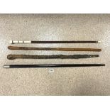 A BONE HANDLES WALKING STICK AMD THREE OTHER WALKING STICKS