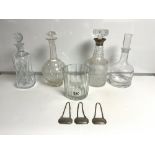 A PETITE LIQUORELLE MOET CHANDON GLASS WINE COOLER, A CUT GLASS DECANTER WITH A SILVER COLLAR AND