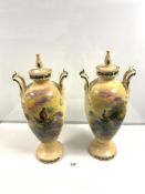A PAIR OF TALL LATE VICTORIAN TWO HANDLED AND LIDDED URN-SHAPE VASES DECORATED WITH PHEASANTS IN