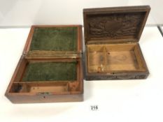 A CARVED WOODEN DRAGON BOX, AND A SMALL VICTORIAN WRITING BOX