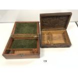 A CARVED WOODEN DRAGON BOX, AND A SMALL VICTORIAN WRITING BOX