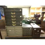 A MAHOGANY FILING DRAWER, TWO SMALL FILING CABINETS, AND A PAINTED COLLECTORS CHEST, THE LARGEST