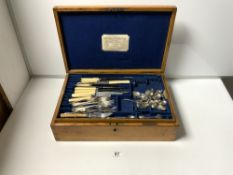 QUANTITY OF MIXED PLATED CUTLERY IN A MAPPIN AND WEBB OAK BOX