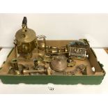 A VICTORIAN BRASS KETTLE ON STAND, EMBOSSED BRASS SANITARY PAPER DISPENSER AND OTHER BRASSWARE