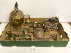 A VICTORIAN BRASS KETTLE ON STAND, EMBOSSED BRASS SANITARY PAPER DISPENSER AND OTHER BRASSWARE