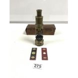 A VICTORIAN BRASS STUDENTS MICROSCOPE IN ORIGINAL LEATHER BOX