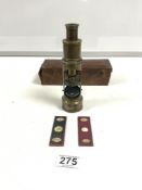 A VICTORIAN BRASS STUDENTS MICROSCOPE IN ORIGINAL LEATHER BOX
