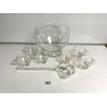 A GLASS PUNCH BOWL WITH CUPS AND LADLE, 21CMS DIAMETER