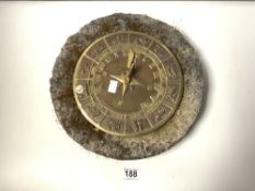 A REPRODUCTION BRASS SIGNS OF THE ZODIAC SUN DIAL (A/F) ON A CIRCULAR STONE PLINTH, 33CMS