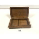 A CARVED HARDWOOD CIGARETTE BOX WITH A MILITARY CREST FOR ROYAL CORPS ARMY ORDNANCE