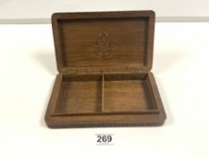 A CARVED HARDWOOD CIGARETTE BOX WITH A MILITARY CREST FOR ROYAL CORPS ARMY ORDNANCE
