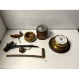 A BRASS SHIPS BAROMETER ON OAK MOUNT AND MIXED WOODEN ITEMS