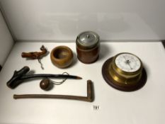 A BRASS SHIPS BAROMETER ON OAK MOUNT AND MIXED WOODEN ITEMS