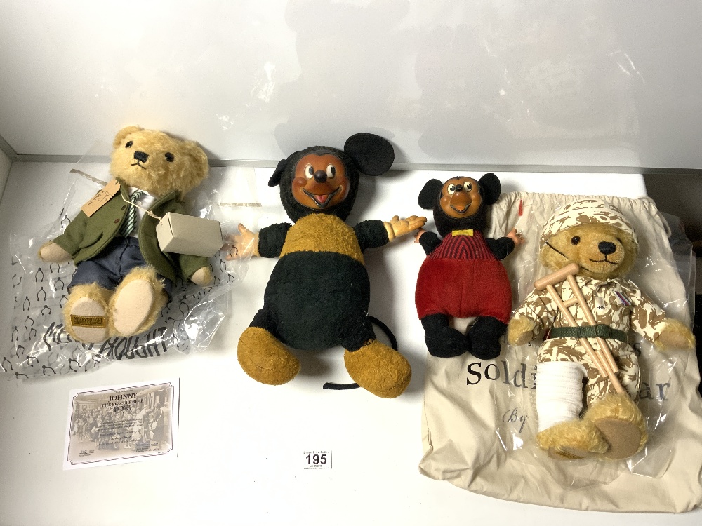 A 'HELP FOR HEROES' SOLDIER BEAR BY MERRYTHOUGHT, ANOTHER 'JOHNNY' THE EVACUEE BEAR' AND TWO