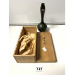 A 20TH CENTURY.JAPANESE IKEBANA VASE FROM A KYOTO TEMPLE - IN A WOODEN BOX, 22CMS