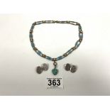 VINTAGE TURQUOISE AND PEARL NECKLACE WITH A PAIR OF HALLMARKED SILVER CUFFLINKS