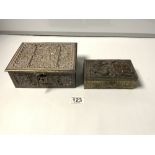 A HEAVY CAST EMBOSSED SILVER-PLATED CASKET BOX, 19CMS, AND AN ANTIMONY DRAGON DESIGN BOX