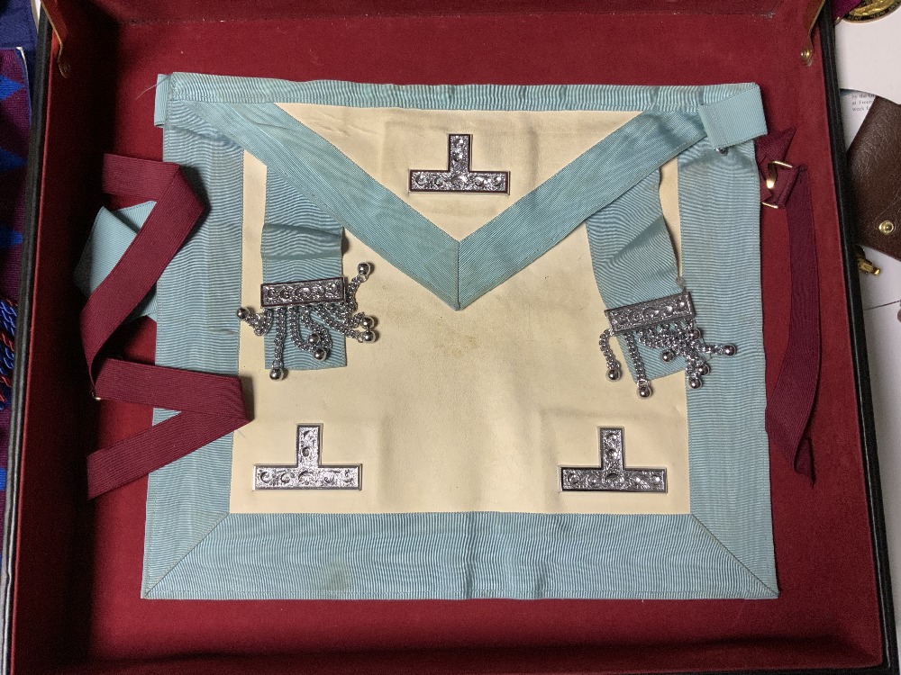 MASONIC APRON AND REGALIA, ALSO SOME MASONIC MEDALS (NONE GOLD OR SILVER) IN A BRIEFCASE - Image 12 of 14