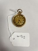 AN 18K HALLMARKED ORNATELY ENGRAVED LADIES FOB WATCH, SWISS MADE, MAKER ON DIAL - THE FARRINGDON