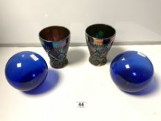 A PAIR OF CARNIVAL GLASS VASES, 15CMS, AND TWO BRISTOL BLUE GLASS FLOATS