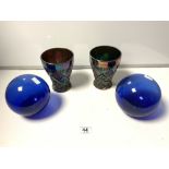 A PAIR OF CARNIVAL GLASS VASES, 15CMS, AND TWO BRISTOL BLUE GLASS FLOATS