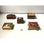 A SHAPED LEATHER BOX, A SMALL INLAID BOX, AND THREE CIGARETTE BOXES