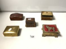 A SHAPED LEATHER BOX, A SMALL INLAID BOX, AND THREE CIGARETTE BOXES